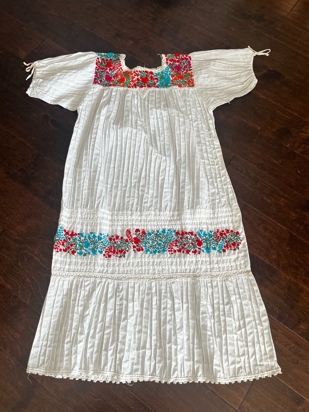 Hand-crafted Embroidered Mexican Pintuck Dress with Red & Teal Floral design